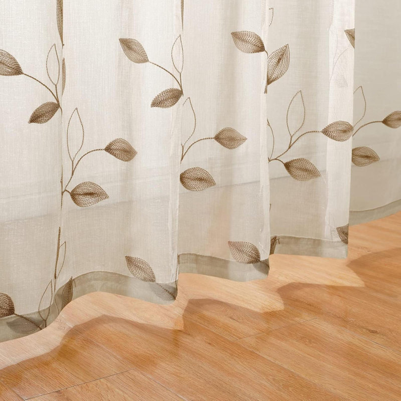 Curtains 2 Panels Embroidered Leaf Pattern Pocket Faux Linen Floral Semi Sheer Voile Window Curtains Drapes For Bedroom Living Room