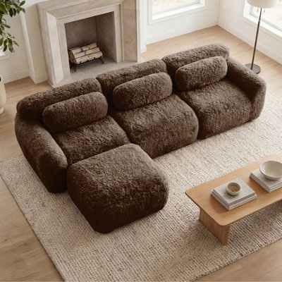 114'' L-Shaped Soft And Fluffy Plush Fabric,Boneless Sofa,With Throw Pillows 32D High Density Sponge,No Assembly Required Bottom,Anti-Slip Design Buckle Connection,Movable Ottoman For Living Room, Chocolate
