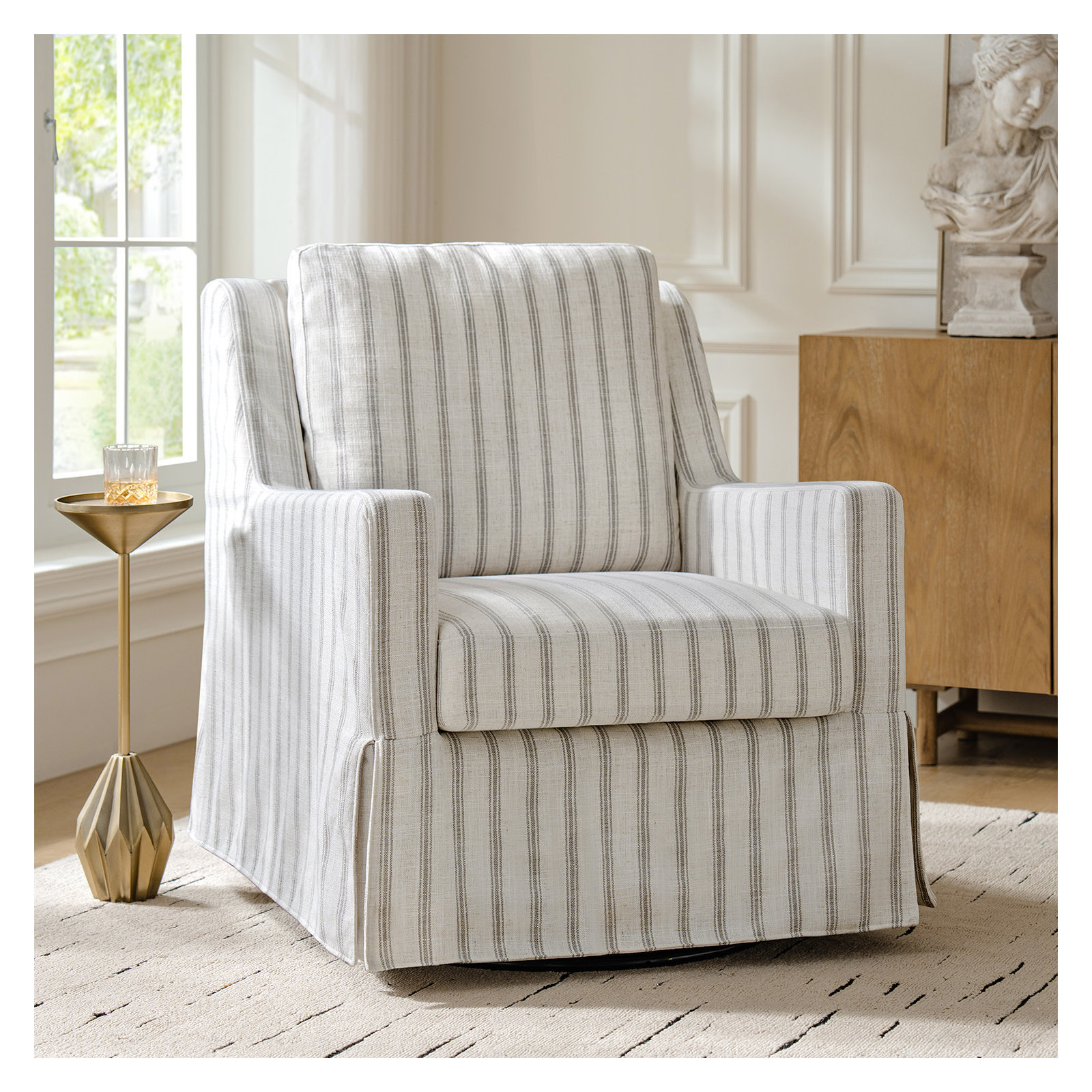 Minni Farmhouse Swivel Rocking Chair, Gray Striped