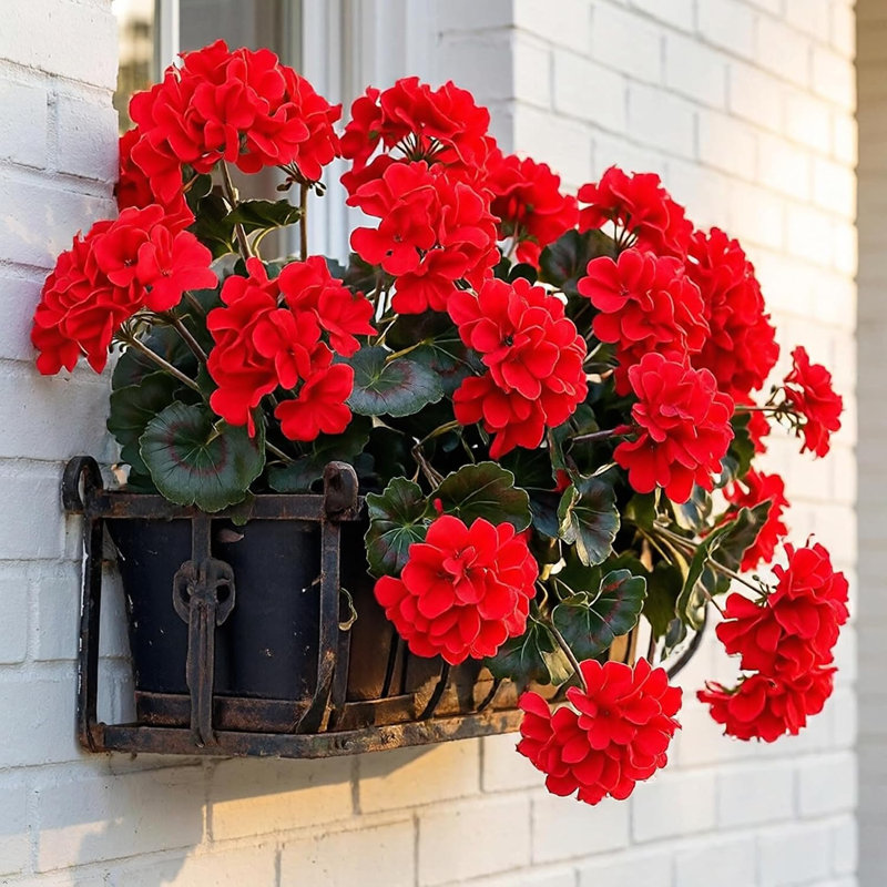 6 Pack Of Red 18" Deluxe Geranium Bush – 5 Bloom Heads – Realistic Outdoor Artificial Flower Bush