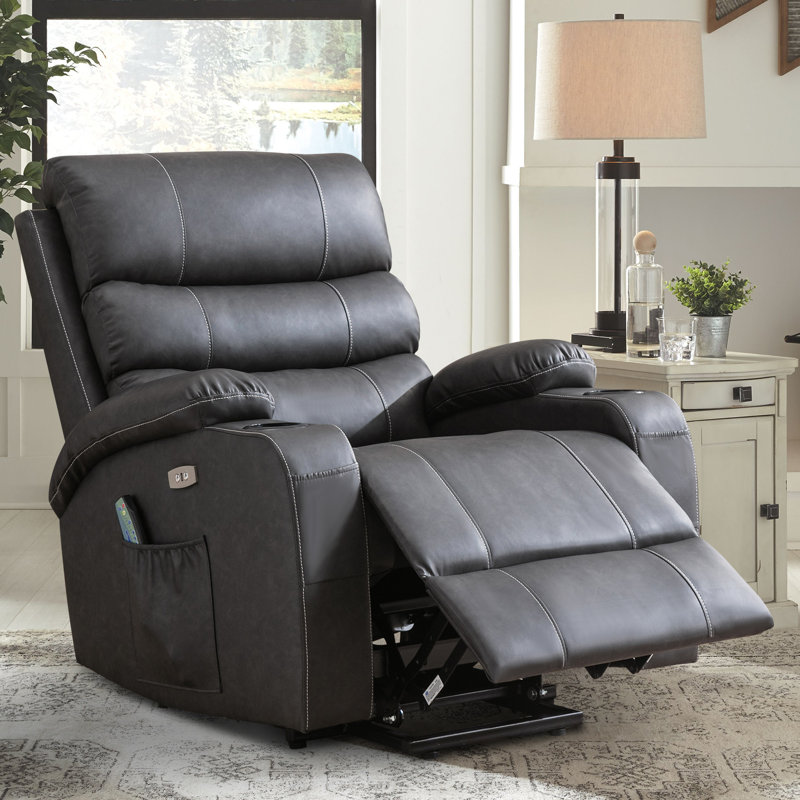 Power Lift Massage Chair with Waist Heating, Reclining Chair with USB, Side Pocket & Cup Holder, Black Gray Faux Leather