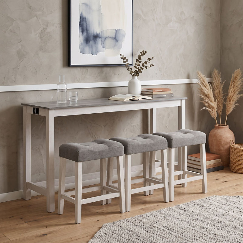 Ensemble de table de bar rustique 4 pièces avec station de recharge intégrée et tabourets de bar rembourrés de style selle