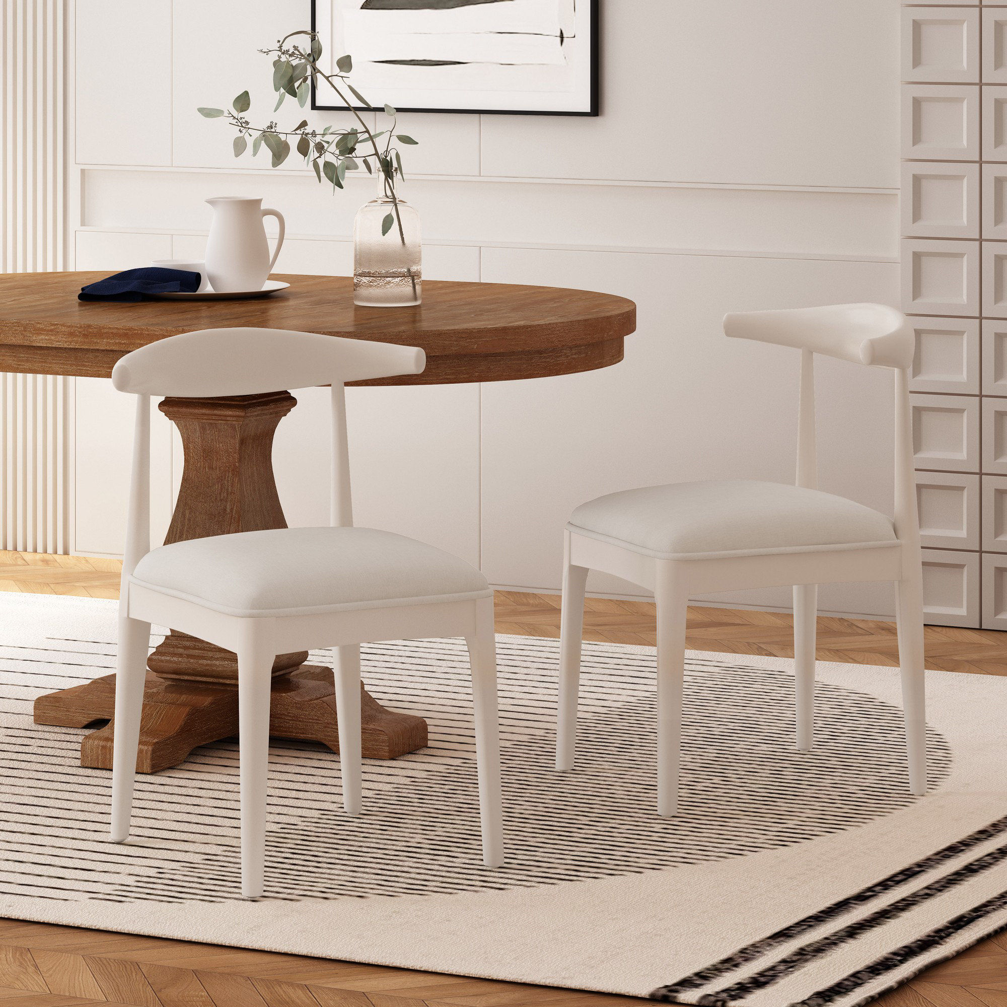 Asheboro Upholstered Wing Back Side Chair, Bleached Wood, Off White Linen