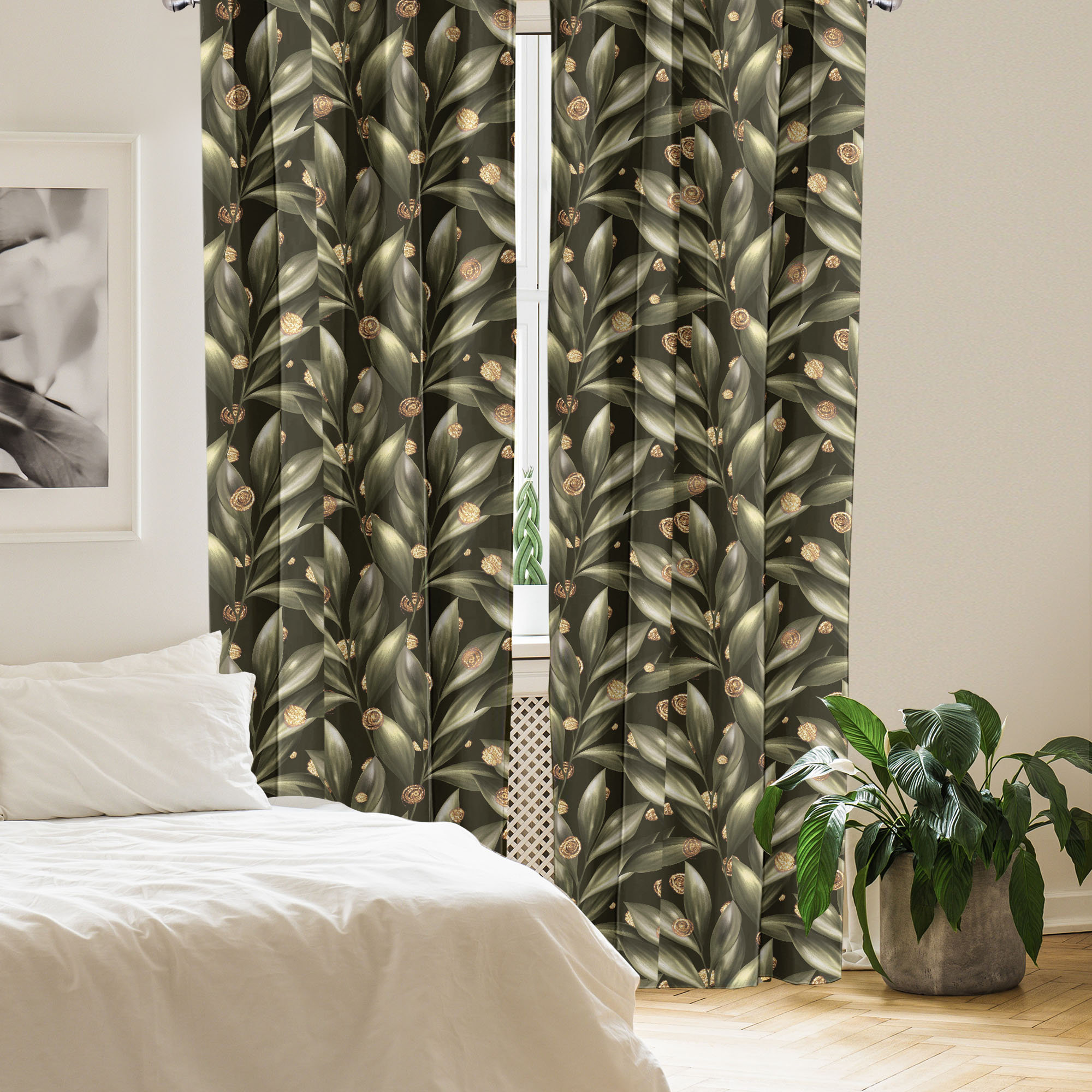 2 Pack Grey Leaves Unlined Curtains main image 1