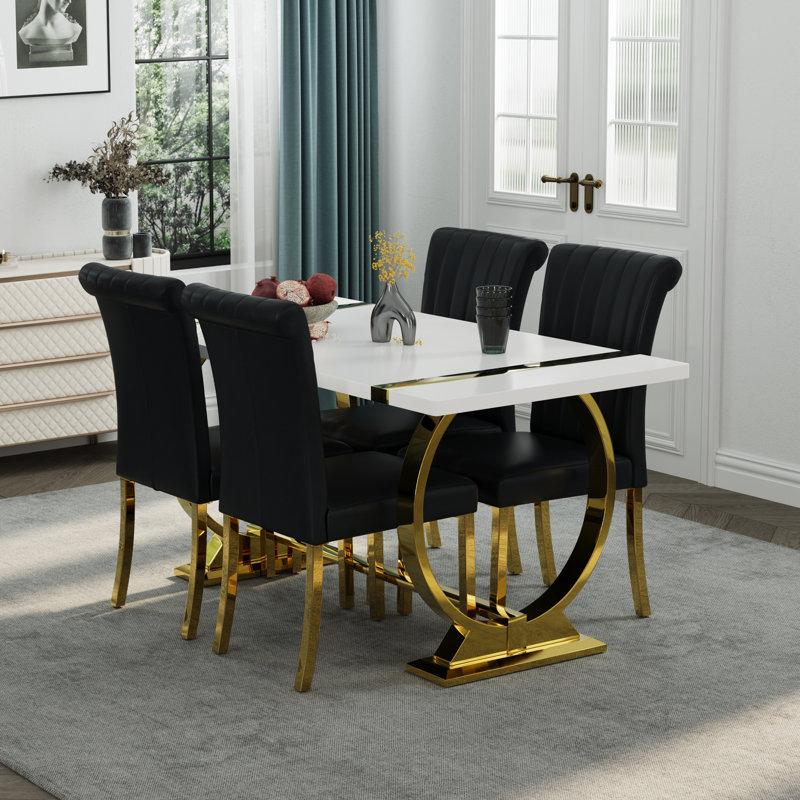 Ensemble de table de salle à manger 5 pièces Glam Gold avec 4 chaises en cuir noir et or, Noir et or, 5, Doré