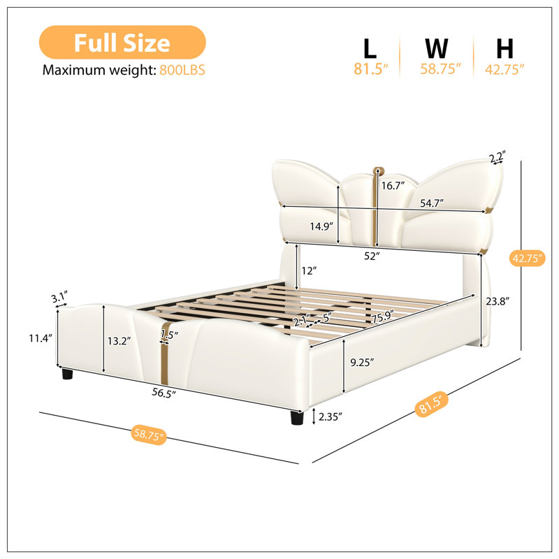 Structure de lit rembourrée en cuir PU YDT, tête de lit en forme de papillon avec décorations en métal doré, beige, Beige