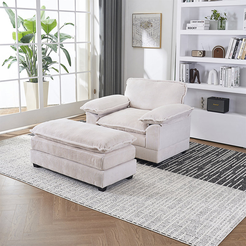 56.3" Single Sofa With 2 Toss Pillows And A Ottoman, Comfy Sofa- Deep Seat Couch, White