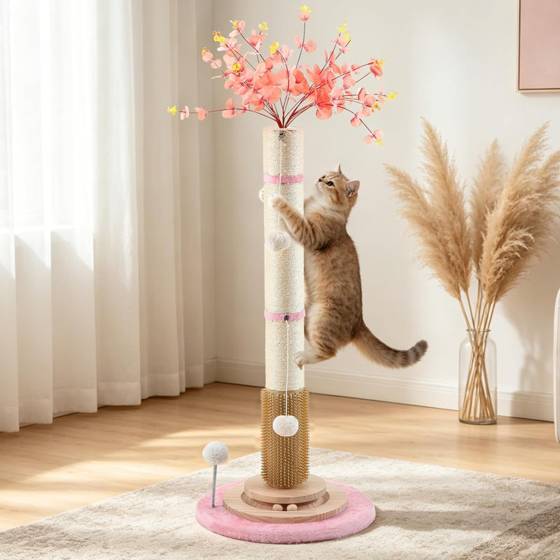 Arbre à chat à griffes haut, base en bois massif à griffer robuste, poteau en sisal de 3,5 po, jouet à boules suspendues, brosse d'auto-toilettage
