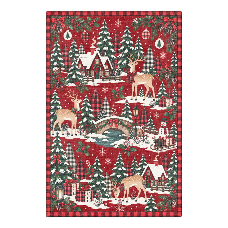 Tapis de salon lavable à poils courts, motif d'animaux de Noël : cerfs et village enneigé, Rectangulaire 3 pi x 5 pi