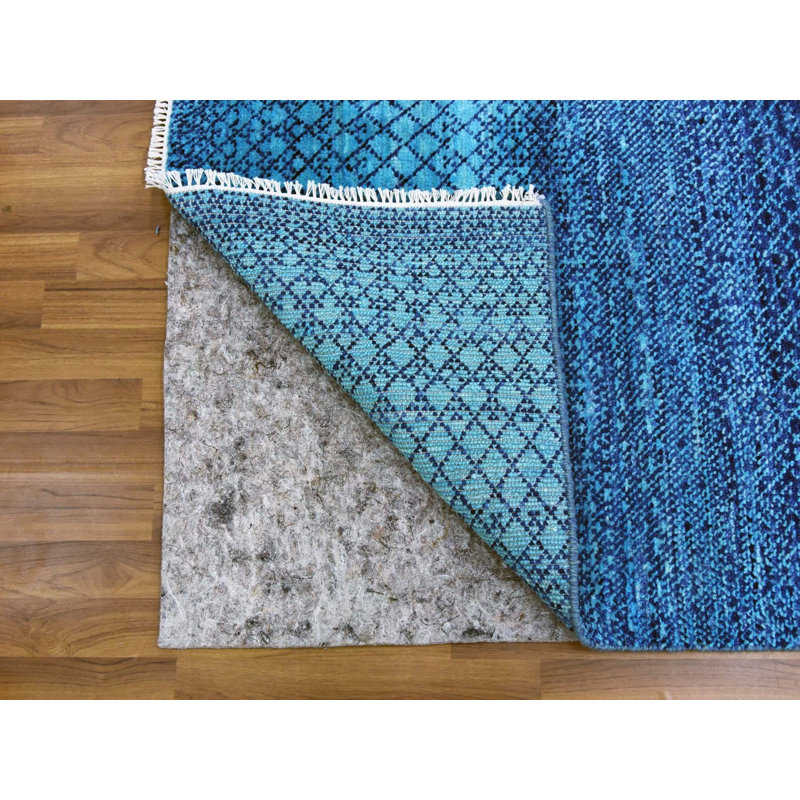 Tapis oriental rectangulaire en laine bleu noué à la main 10 pi 0 po x 14 pi 1 po - MOA10279038