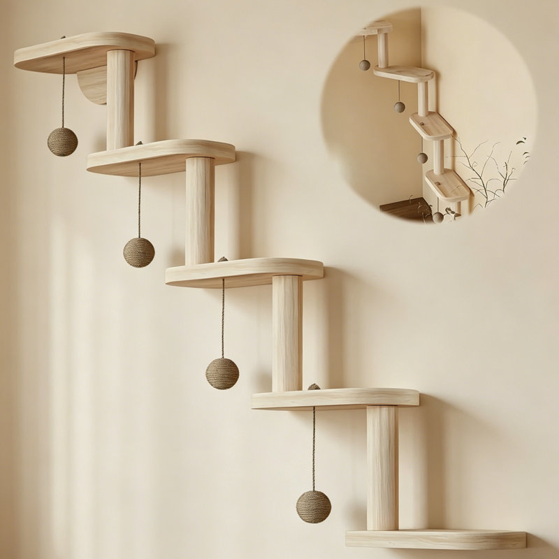 Structure d'escalade murale modulaire bricolage avec 4 balles suspendues et plateformes multi-niveaux, mobilier d'intérieur pour chat peu encombrant