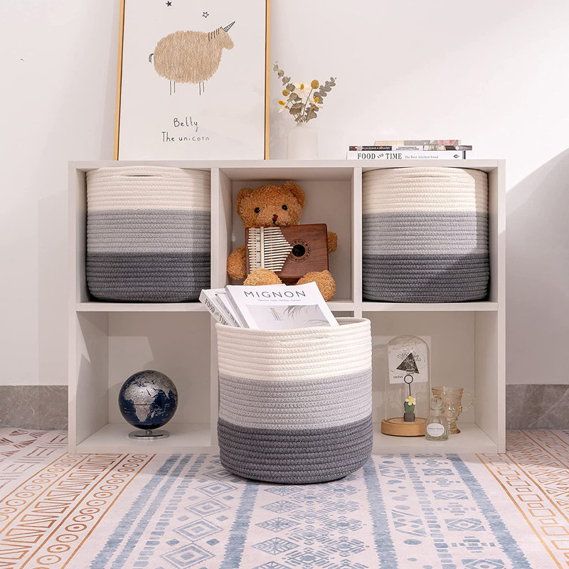 Ensemble de panier de rangement en coton, Gris / blanc