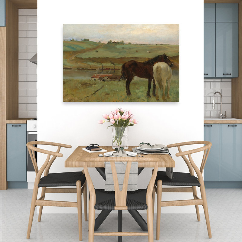 Chevaux dans un pré, 1871, impression d'art abstrait impressionniste contemporain représentant un paysage équestre.