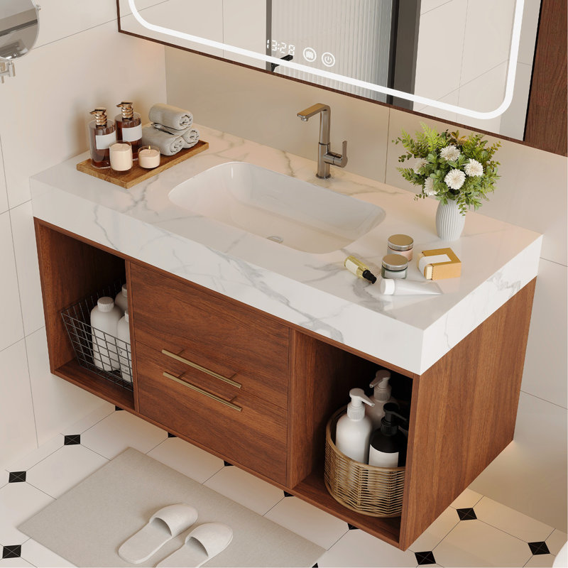 Meuble-lavabo flottant 39,4 po avec lavabo en céramique, 2 tiroirs à fermeture en douceur et plateau en ardoise blanche