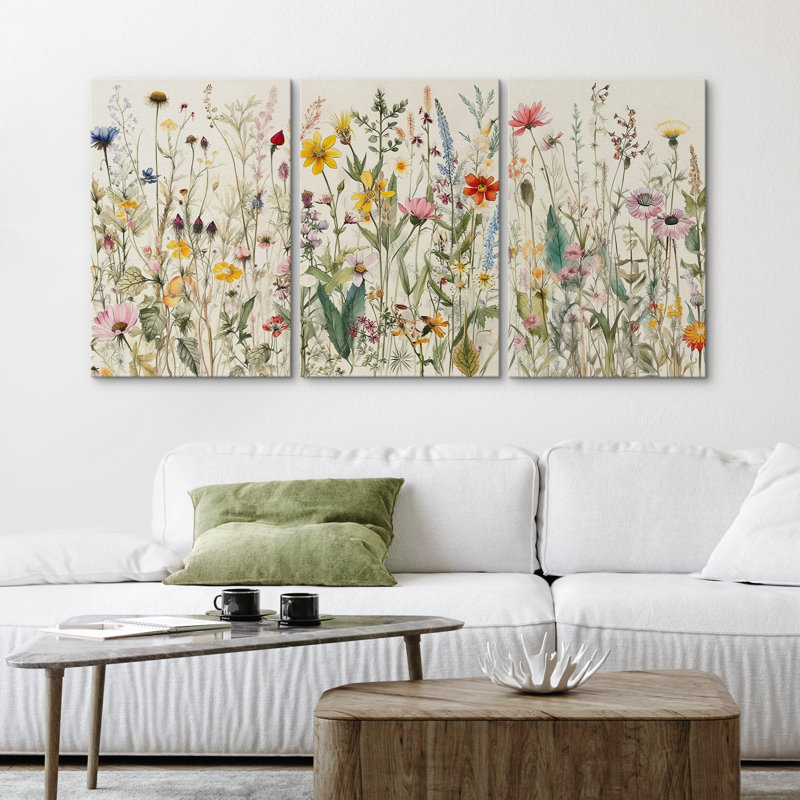 Vibrant Wildflower " Colorful Boho French Floral Decor " Large Framed Canvas Print 3 Pieces Wall Art, Wrapped Canvas
