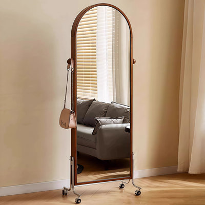 Retro Rubber Wood Frame Wall-Mounted And Portable Full-Length Mirror With Storage Function