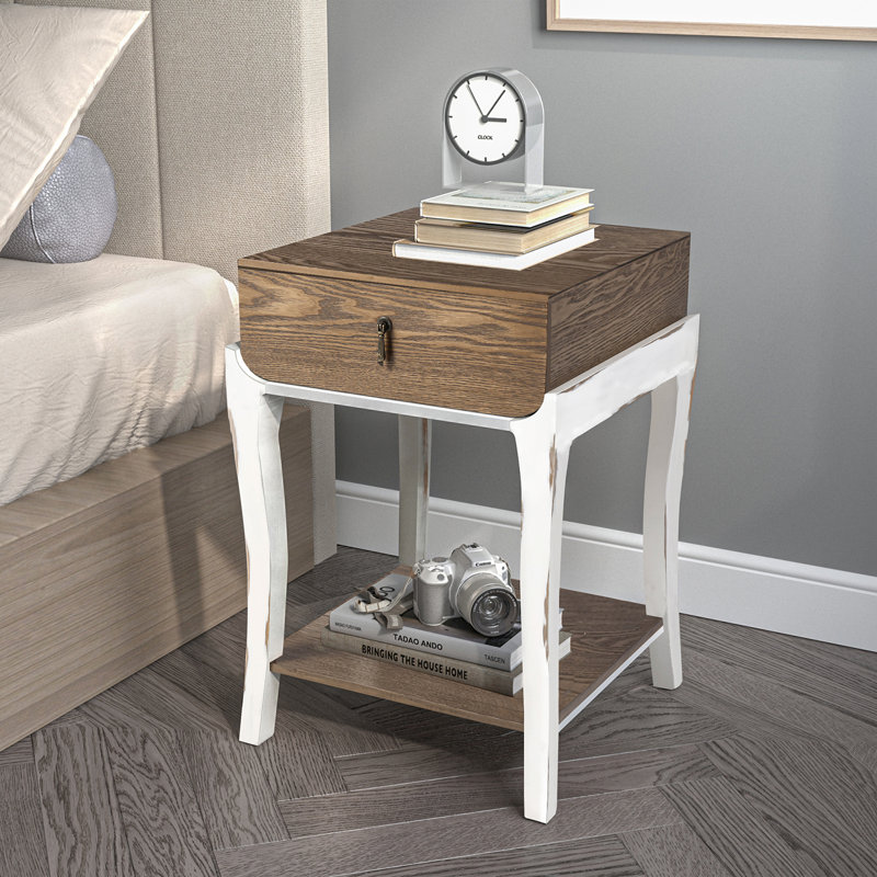 Table de bout avec tiroir et tablette Red Barrel Studio®, plateau gris argenté, Blanc, Brun
