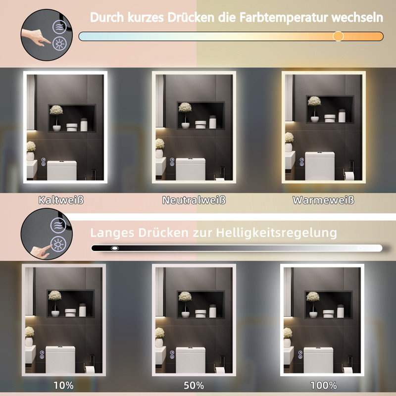 Bathroom mirror round touch with lighting dimmable 3000K-6500K wall mirror, 60 cm H x 80 cm W