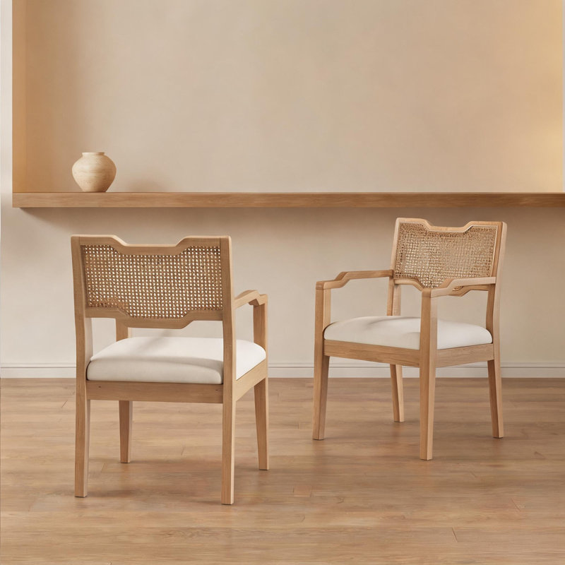 Ensemble de 2 fauteuils style campagne Mid-Century, dossier en rotin, finition beige, 22,64 W
