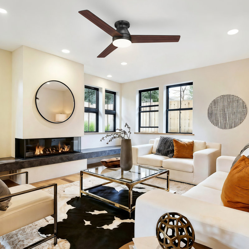 52" Flush Mount Ceiling Fan with Light Remote, Dual-Sided Blades, Quiet DC Motor, Black Low Profile Ceiling Fan for Bedrooms Living Room