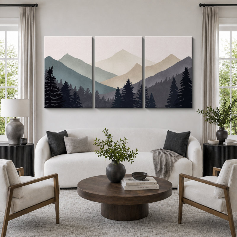 «Sun Mountain Landscape», œuvre abstraite de forêt neutre, images murales minimalistes modernes, impression sur toile encadrée, 3 pièces