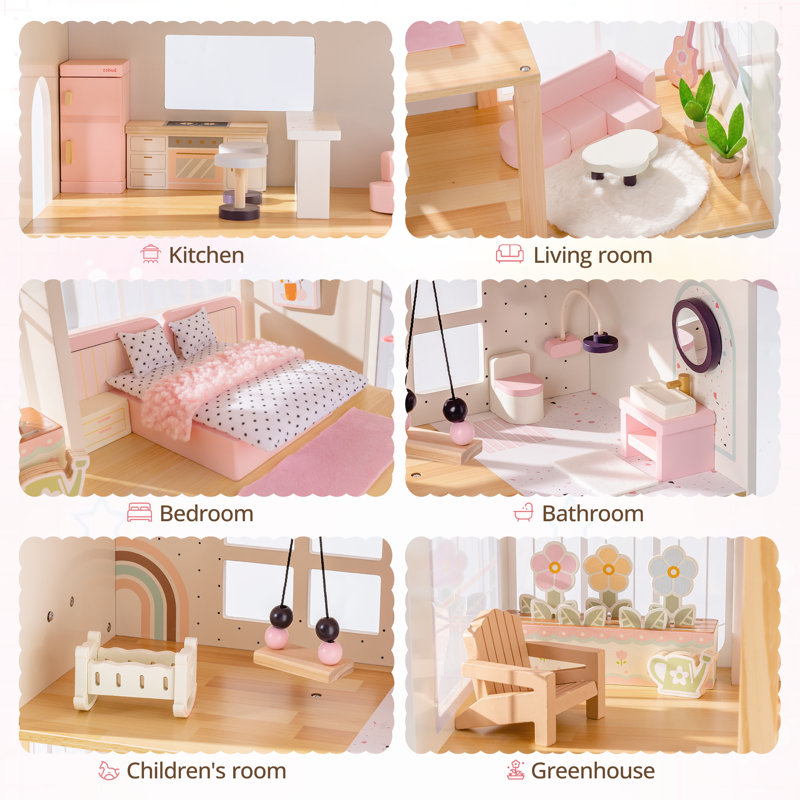 Wooden Dollhouse Kit with 6 Rooms & 37 Pcs Dollhouse Furnitrue Accessories, Pink Montessori Doll House for 3+