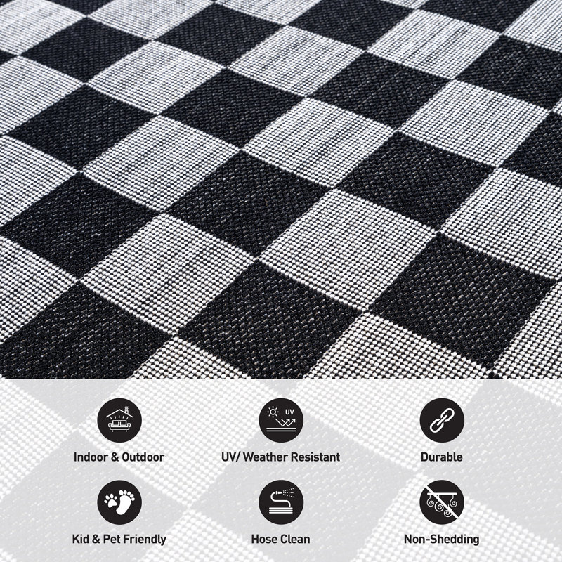 Checkered Black/Ivory Easy-Care Jute-Style Indoor/Outdoor Flat Woven Area Rug, Rectangle 4' x 6', Black