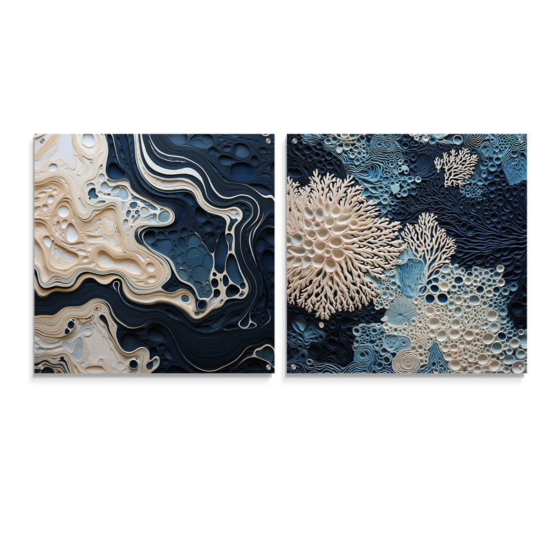 Peinture abstraite liquide crème et bleu liquide - acrylique côtier, ensemble de 2 verres, H 16 po x l 33 po