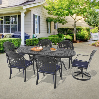 6-Person Oval Cast Aluminum Patio Dining Set with 2 Swivel Chairs & Cushions & Umbrella Hole