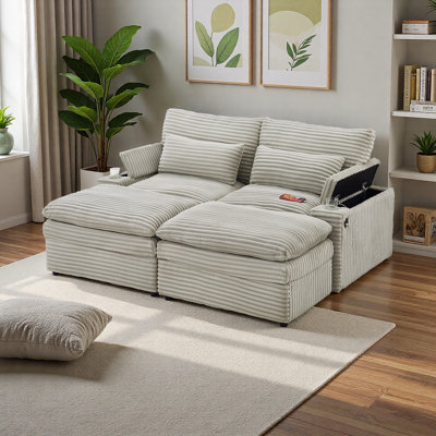 Canapé modulaire 70,9 po avec 2 repose-pieds mobiles, canapé-lit convertible avec 4 ports USB, porte-gobelets et rangement, canapé modulaire en velours côtelé pour le salon