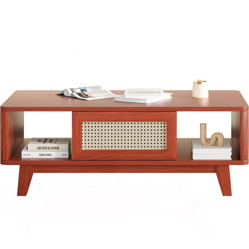 Table basse Mid-Century moderne avec tiroir en rotin, Cerisier