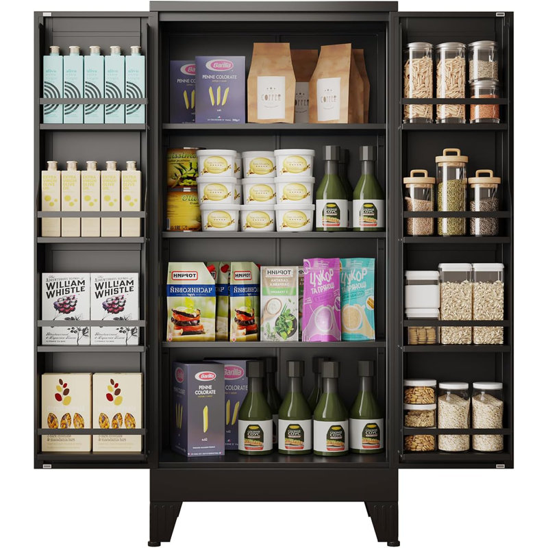 51" Metal Kitchen Pantry Cabinet, Storage Cabinets with 2 Door and 3 Adjustable Shelves, Black Freestanding Food Storage Cabinet, Steel Cupboard for Kitchen Dinning Room