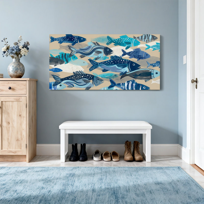 Animaux, motif de poisson bleu sur fond beige, H 20 po x l 40 po