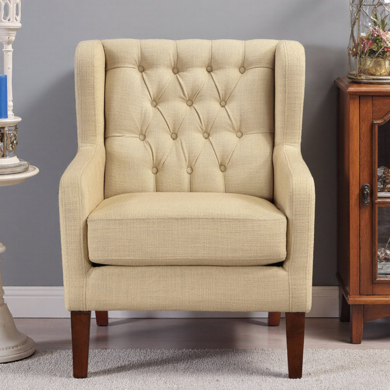 Fauteuil à oreilles beige en peluche avec dossier capitonné et pieds en bois massif - l 30 po x P 31,5 po x H 38,5 po, Brun