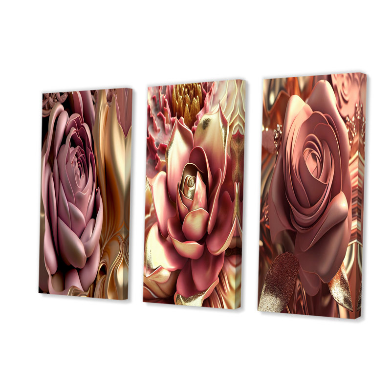 «Pink and Gold Glam Flowers II» sur toile, reproduction de 3 pièces, H 40 po x l 60 po x P 1 po