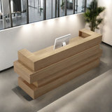 Modern Wood Grain Front Desk with Locking Drawer, Multi-Storage Options, Unique Shape – No Assembly Required, Ideal for Malls and Leisure Reception Areas