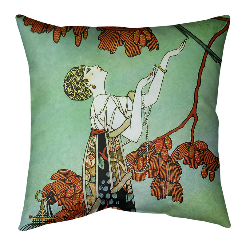 Coussin George Barbier, 14 po x 14 po, Housse de coussin seulement, Rouge / vert