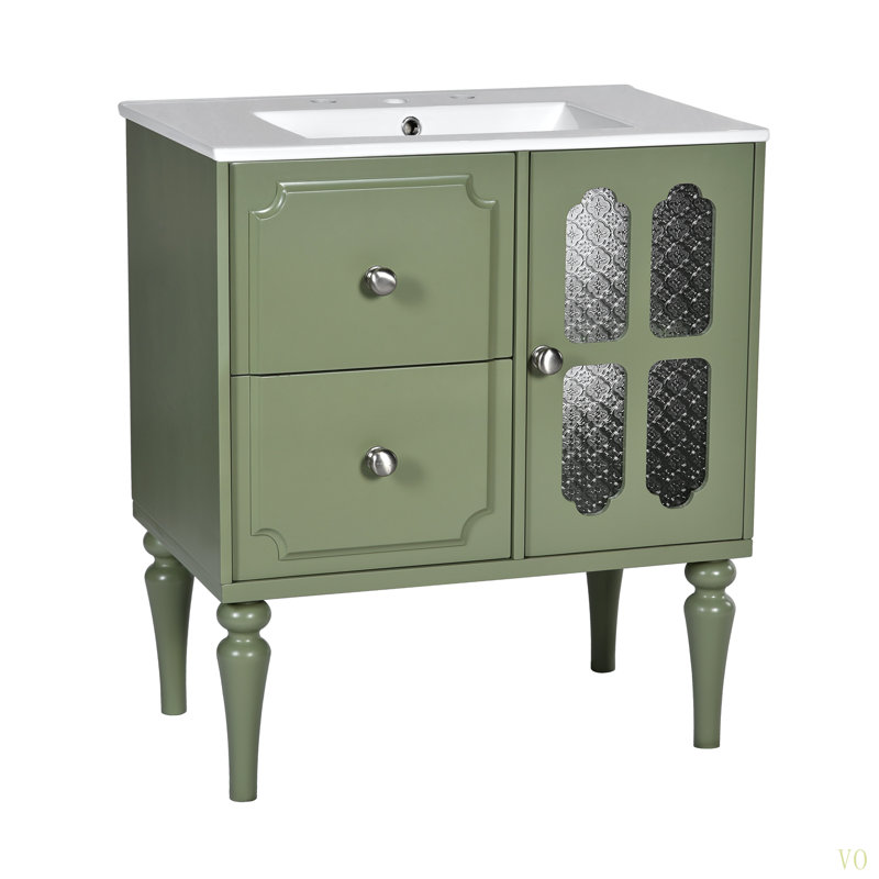 Meuble-lavabo de salle de bain de style rétro avec lavabo en céramique 30 po, meuble-lavabo simple autoportant avec 2 tiroirs, armoire de rangement en bois massif