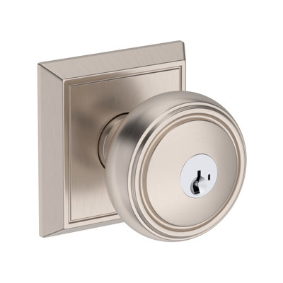 Bremerton Keyed Entry Knob with Chamfered Square Rose in Satin Nickel