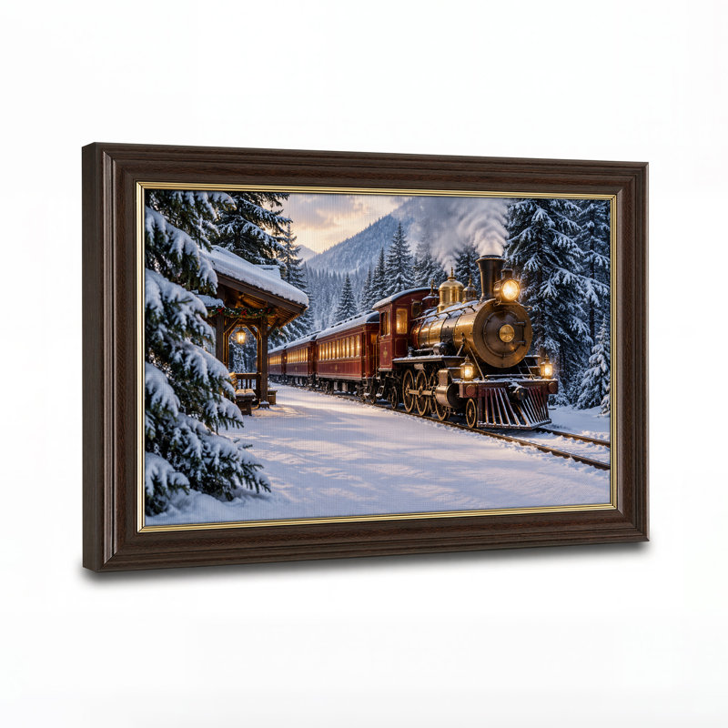 Art mural rétro sur toile train de Noël dans la forêt enneigée, H 12 po x l 18 po