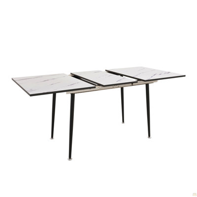 47" Expandable To 63" Inch Mdf Square White Marble Patterned Dining Table, Modern Industrial Kitchen And Dining Table, Equipped With Tapered Black Metal Legs