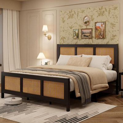 Bohemian Rattan Platform Bed Frame With Strong Metal Slats Support