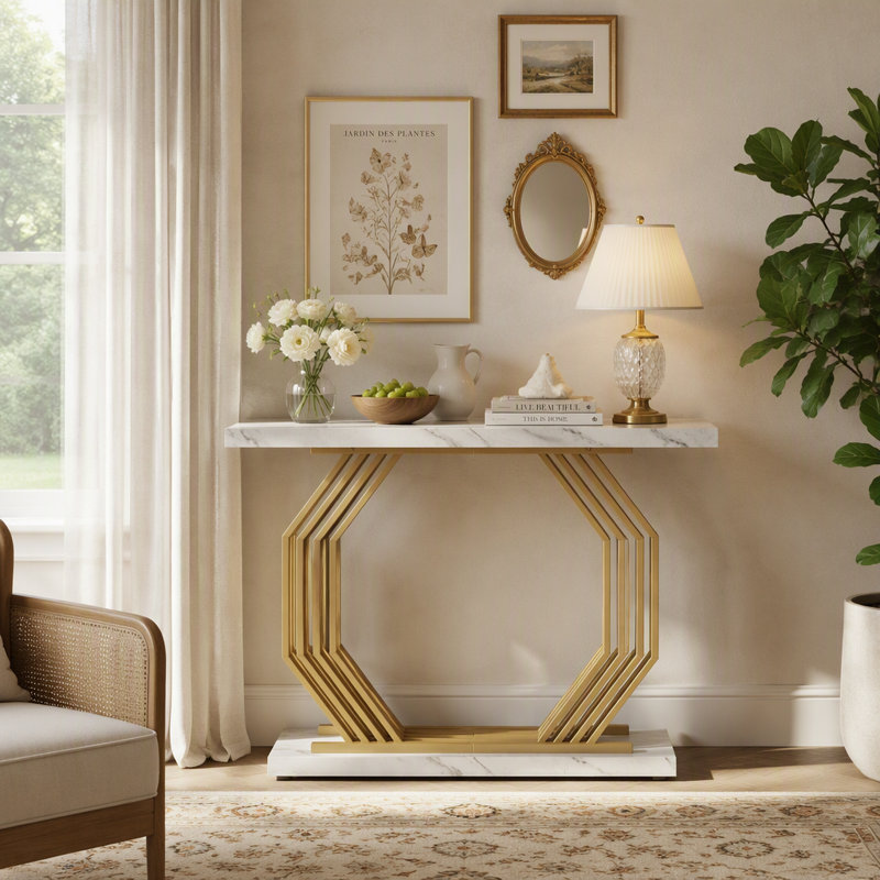 Console en faux marbre, canapé d'appoint 40 "avec base géométrique en métal, White / Gold, White, Gold
