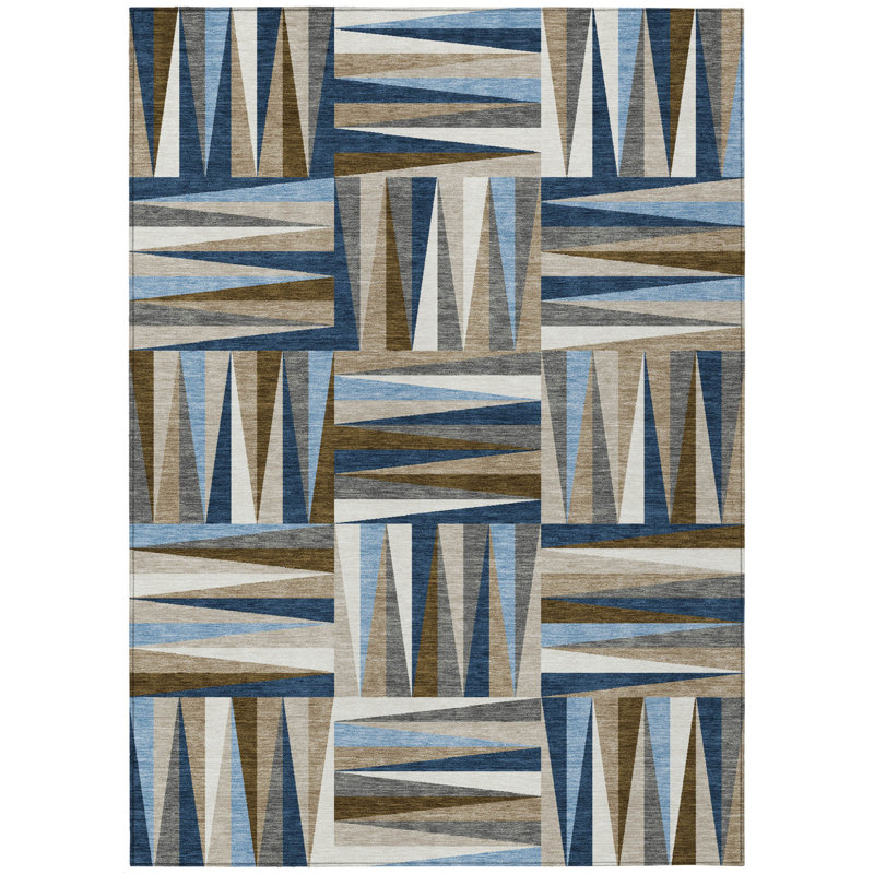 Tapis extérieur lavable à motif géométrique 10 pi x 14 pi bleu marine, brun et beige