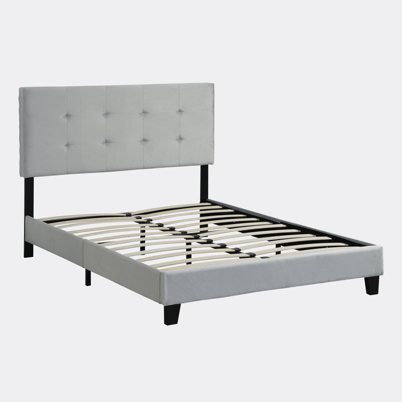 Upholstered Platform Bed with Button Tufted Linen Fabric Headboard, No Box Spring Needed, Wood, Queen, Heather Gray