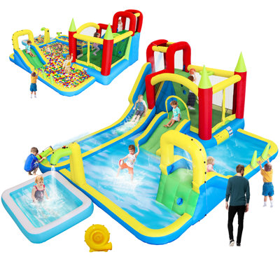 11 in1 Inflatable Slide Water Park Dry and Wet Slides Large Pool Water Gun Trampoline Climbing Wall Basketball Hoop and Ring Toss Game Outdoor Indoor Backyard Party Bounce Castle for Kids