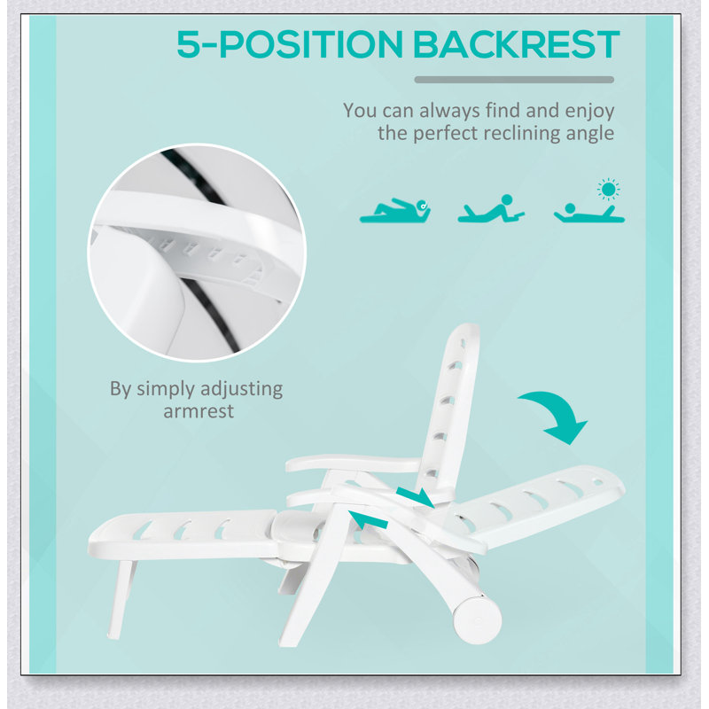 White Plastic Folding Outdoor Chaise Lounge with Adjustable Backrest and Wheels