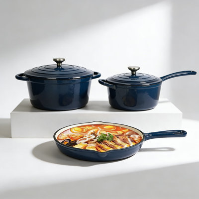Batterie de cuisine en fonte émaillée avec couvercles, casseroles et poêles antiadhésives 7 pièces, allant au four jusqu'à 500 ° F pour la cuisson, le rôtissage et toute la cuisson sur la cuisinière