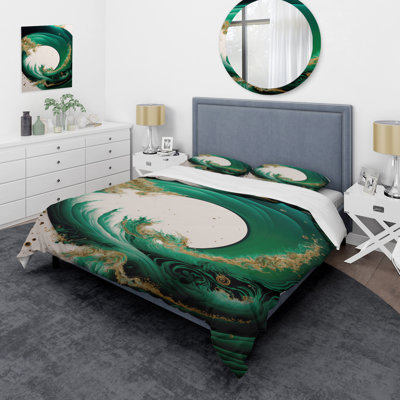 Ensemble de housse de couette en émeraude vert et doré à motif de vagues abstraites III