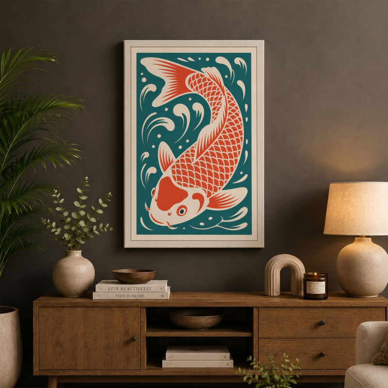 Flowing Koi Japandi 1 Piece Wrapped Canvas Wall Art, 36x24 - 91.4 x 61.0 cm, Teal Border